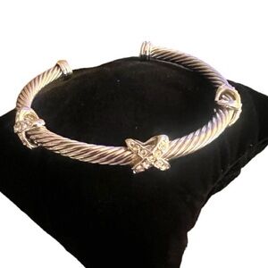 Silver Cable Cuff Bracelet with 3 Rhinestone X Accents